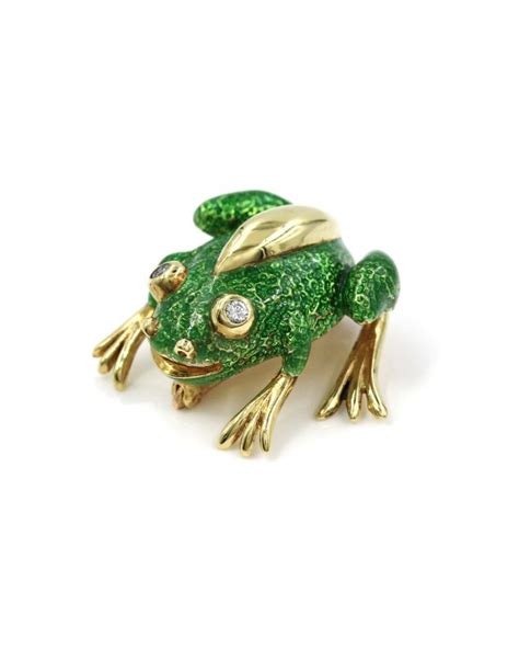 Tiffany And Co Diamond And Green Enamel Frog Brooch In Gold