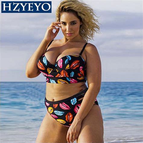 Hzyeyo Plus Size Women Bikini Set Mid Waist Push Up Big Size Swimsuit