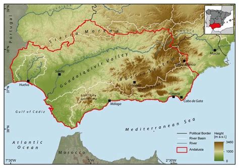 Topographical Map Of Southern Spain The Autonomous Region Of Andalusia
