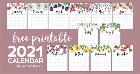 2021 Free Printable Calendar Floral Paper Trail Design