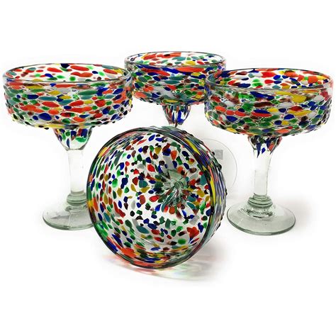 Mexican Hand Blown Glass Set Of 4 Hand Blown Margarita Glasses Confetti Rock 16 Oz