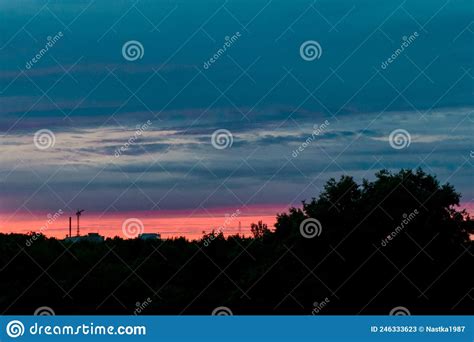 Colorful Sunset Above The Line The Outskirts Of The City Dark Sky With