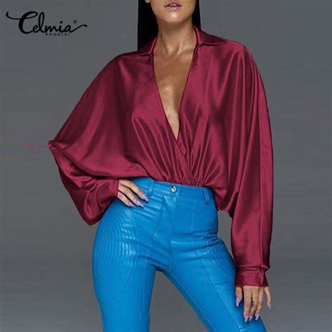 celmia 2021 fashion satin blouse women long sleeve sexy v neck tunic elegant blouses casual