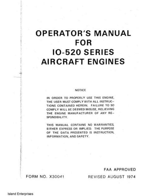 Continental Io 520 Series Aircraft Engines Operators Manual 1974