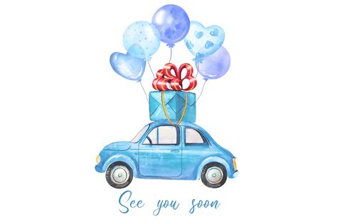 Watercolor Blue Car Clipart Retro Car For Boy Car With Balloons By