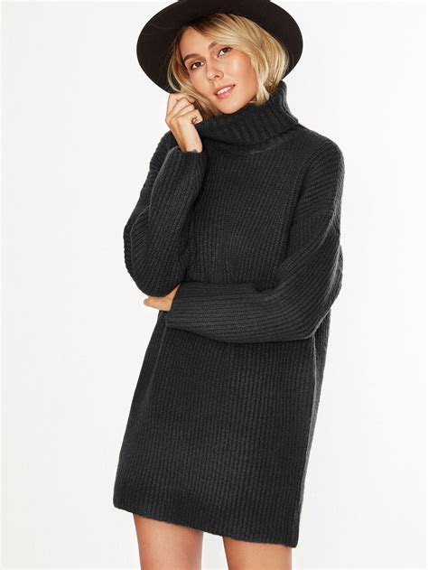 Black Turtleneck Drop Shoulder Sweater Dress SheIn Sheinside
