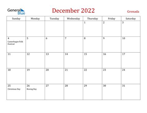 December 2022 Calendar Grenada