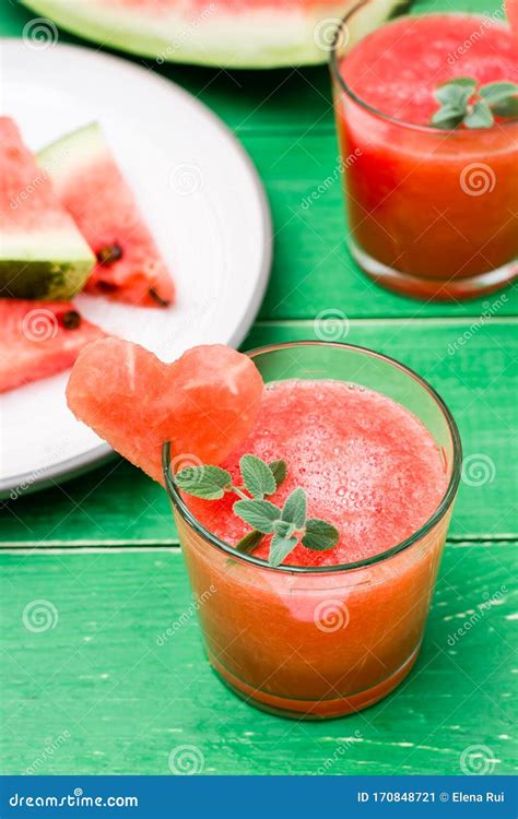 Fresh Watermelon Blended Drink With Mint Leaves And A Heart Of