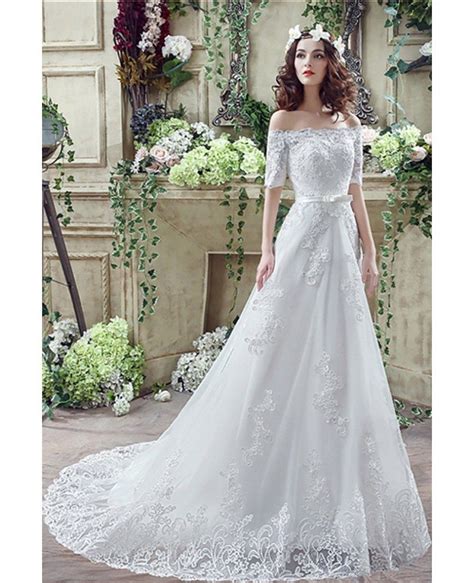 Cheap Gorgeous Princess Lace Wedding Dress With Off The Shoulder