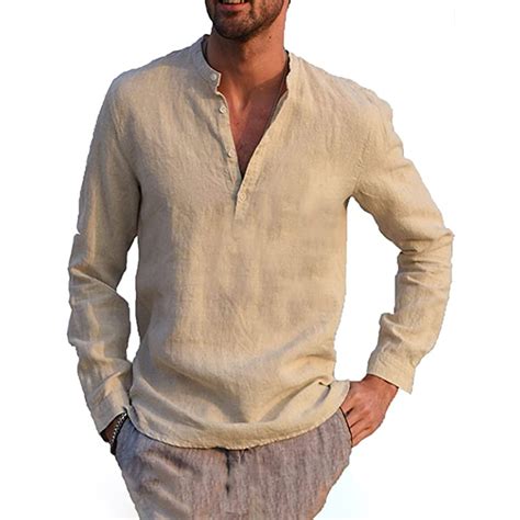 mens henley cotton linen shirts soft casual long sleeve v neck solid button tops ebay