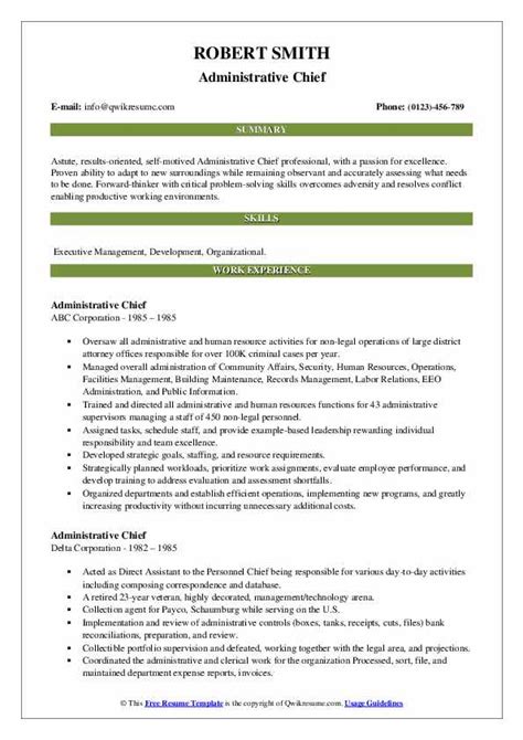 Search over 100 hr approved resume examples. Administrative Chief Resume Samples | QwikResume