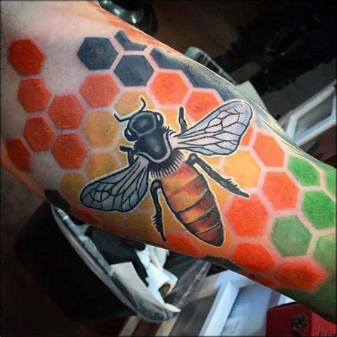 Huge Bee On Top Of Colorful Honeycomb Tattoo Nature Tattoos Body Art