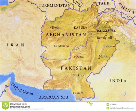 Pakistan is bordered by the arabian sea to the south, iran and afghanistan to the west, india to the east, and. Geographic Map Of Afghanistan And Pakistan With Important Cities Stock Photo - Image of travel ...