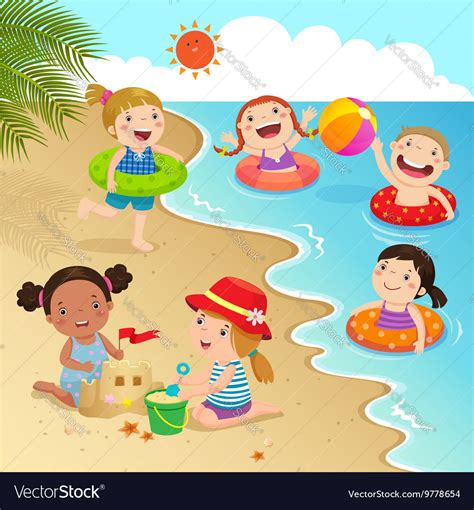 Group Of Kids Having Fun On The Beach Royalty Free Vector