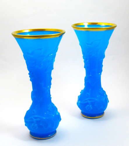 Pair Of Antique Baccarat Blue Opaline Glass Vases