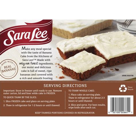 Sweet banana flavor in a delightful cake with icing. Sara Lee Banana Cake, 13.75 oz. (Frozen) (13.75 oz) from ...