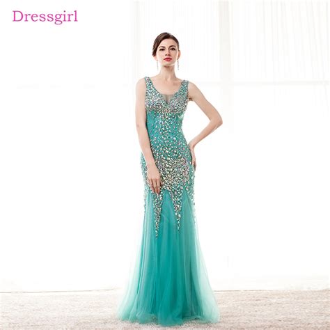 Green 2019 Prom Dresses Mermaid V Neck Tulle Beaded Crystals See