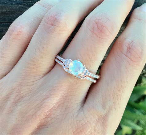 Natural Opal Bridal 2 Ring Set Genuine Opal Engagement 2 Rings Round