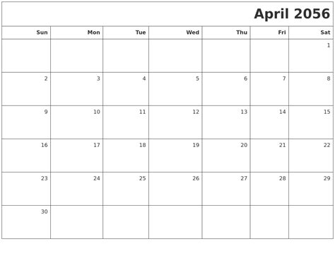 April 2056 Printable Blank Calendar