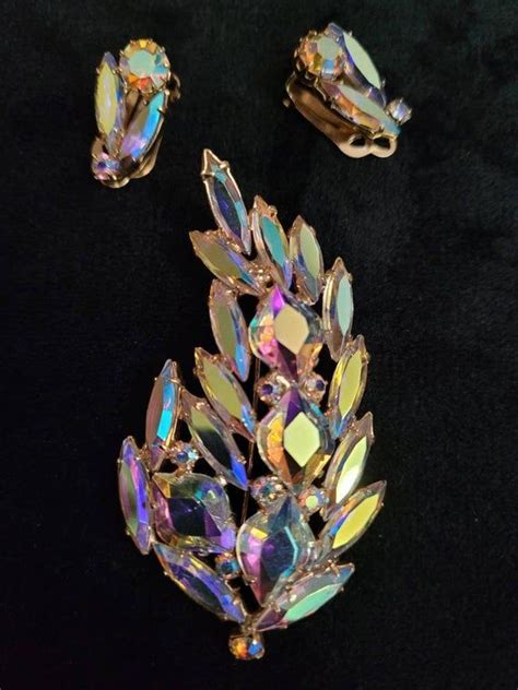 Vintage Iridescent Aurora Borealis Pin Or Brooch And Earring Etsy