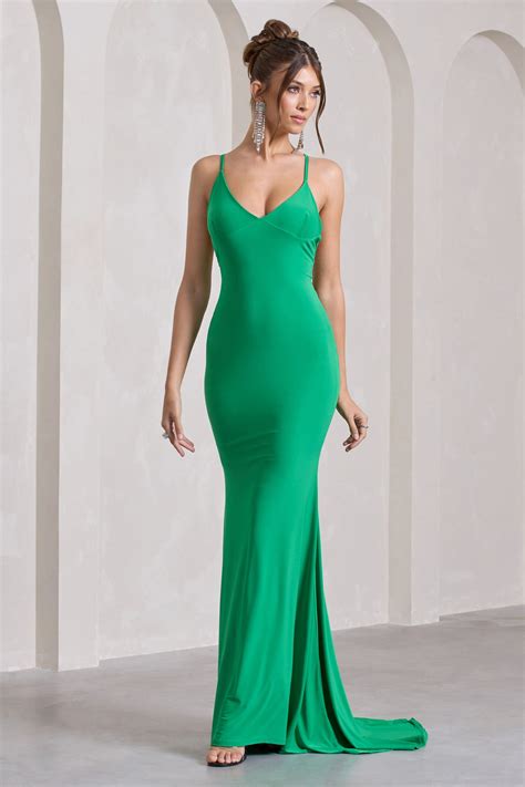 Lucky Number Green Cross Back Fishtail Maxi Dress Club L London Uk