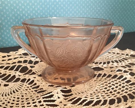 Pink Depression Glass Double Handled Sugar Bowl With Floral Etsy