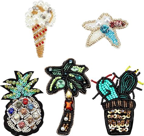 5 Pcs Crystal Cloth Sew On Patches Ice Cream And Starfish And Cactus