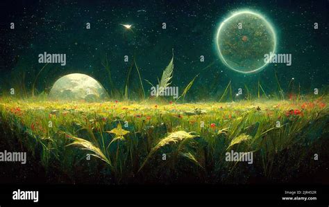 Beautiful Night Grass Meadow With Flowers Round Moon And Small Stars