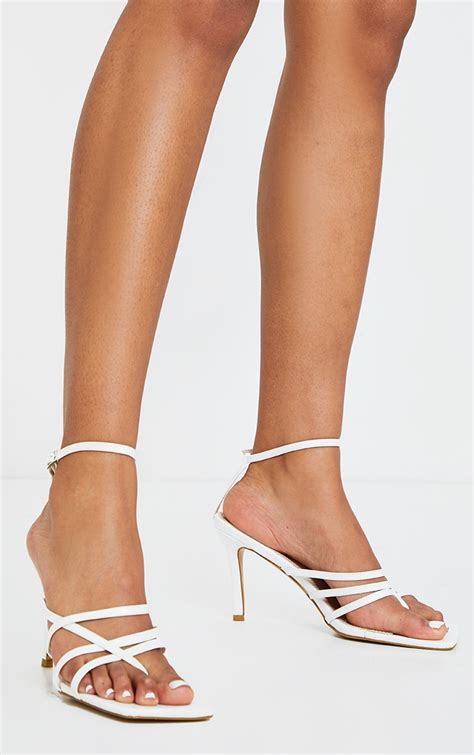 White Multi Strap Square Toe Thong Heeled Sandals Heeled Sandals