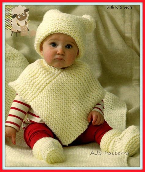 Pdf Knitting Pattern Babieschilds Poncho Hat Bootees And Etsy Baby
