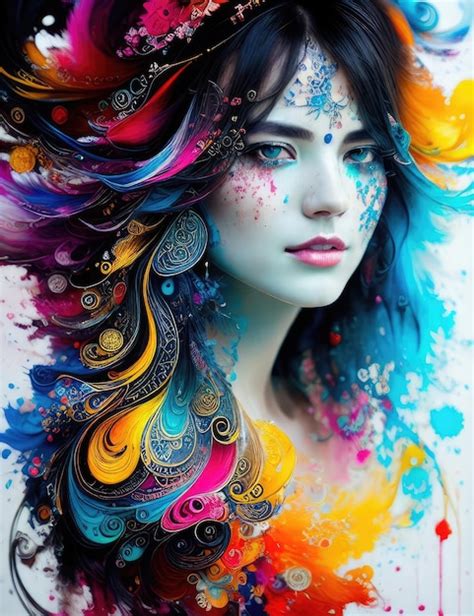 premium ai image a woman with a colorful hair and a colorful feather on her head