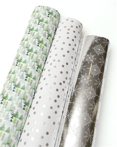 Roobee Silver Metallics And Holiday Trees Wrapping Paper 3 Pack