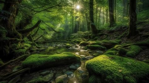 Mossy Stream In A Lush Forest Background Beautiful Pictures Of The