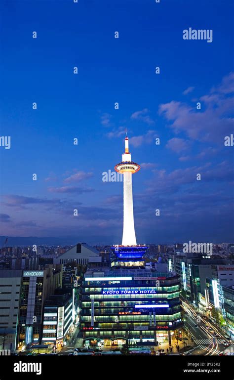 Asia Japan Kyoto Kyoto Tower Illuminated At Dusk Stock Photo Alamy