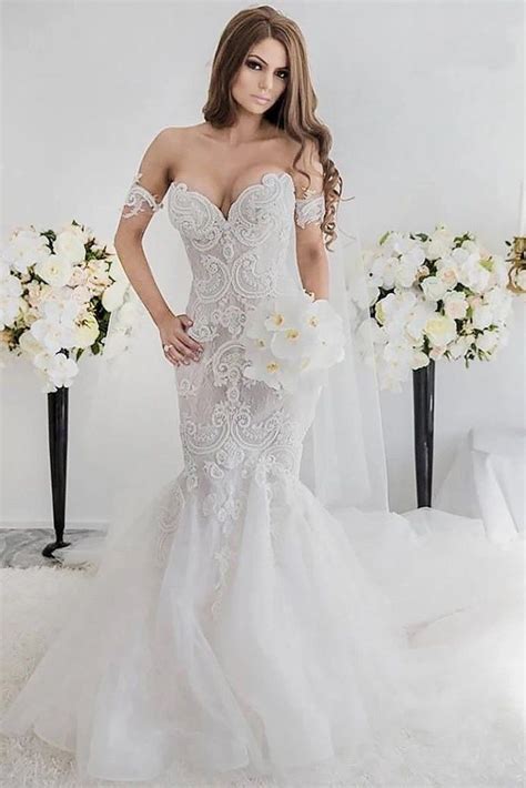 Charming Off The Shoulder Mermaid Style Sweep Train Lace Wedding Dresses