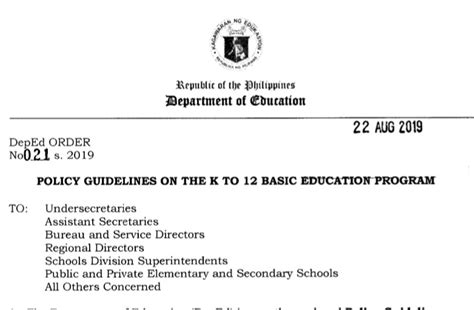 2019 Policy Guidelines On The K To 12 Basic Education Program Deped