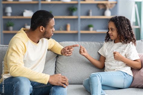 Serious Black Father Scolding His Angry Daughter Home Interior Stock