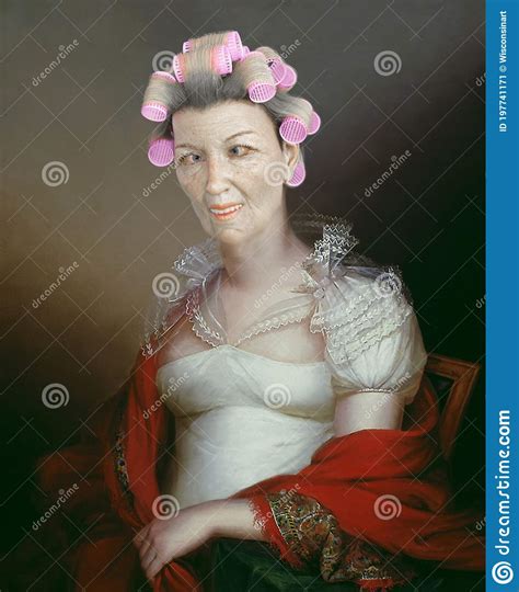 Funny Oil Painting Portrait Ugly Woman Wearing Curlers Stock