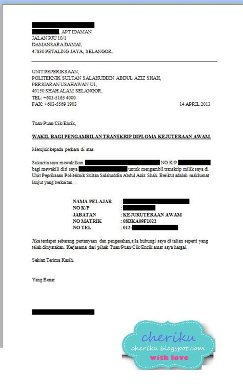 Format Surat Bagi Pihak Cheriku Blogspot Contoh Surat Wakilkan My 88725