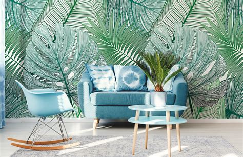 Tropical Leaves Removable Wall Mural Peel And Stick Etsy