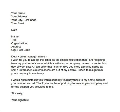 Sample Resignation Letter Notice Free Documents Pdf Word Contract
