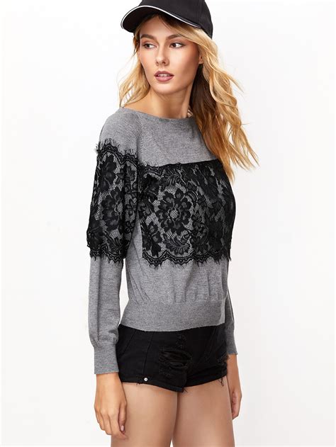 Grey Contrast Floral Lace Applique Sweater Sheinsheinside