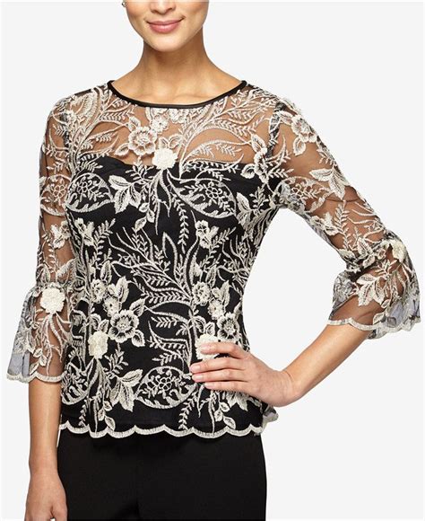 Alex Evenings Embroidered Illusion Top Evening Blouses Lace Evening