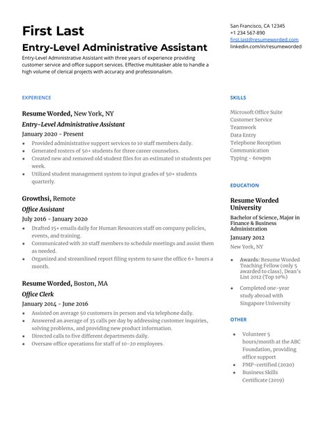 entry level administrative assistant resume example for 2023 resume worded