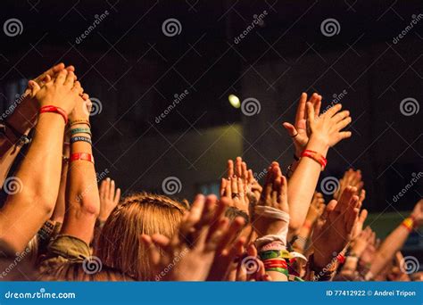 Big Crowd Clapping With Hands In The Air At A Rock Festival Stock Photo