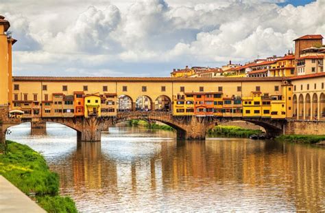 View Of Medieval Stone Bridge Ponte Vecchio Over Arno River In Florence