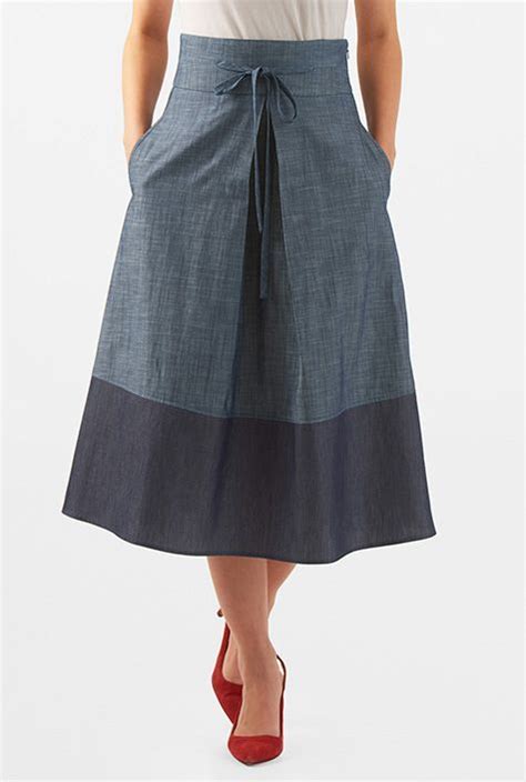 Tie Front Colorblock Cotton Chambray Midi Skirt Skirt Outfits Summer