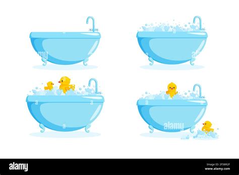 Bathtub With Rubber Duck In Suds Set With Bathtubs And Yellow Ducks In