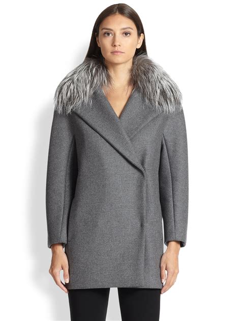 Lyst Max Mara Fur Collar Wool And Cashmere Coat In Gray