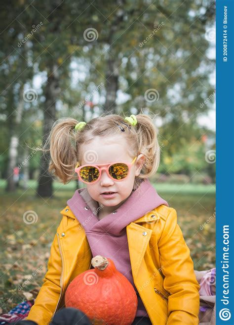 Happy Little Child Baby Girl Laughing And Playing In Autumn Stock
